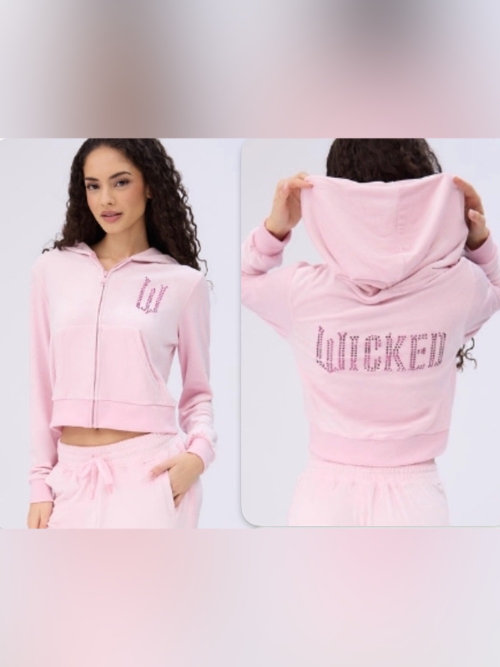*WICKED* Light Pink Velour Zip Hoodie with Rhinestone Detail